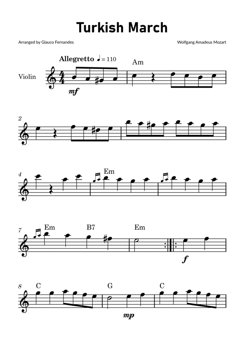 Turkish March by Mozart - Violin Solo with Chord Notations image number null