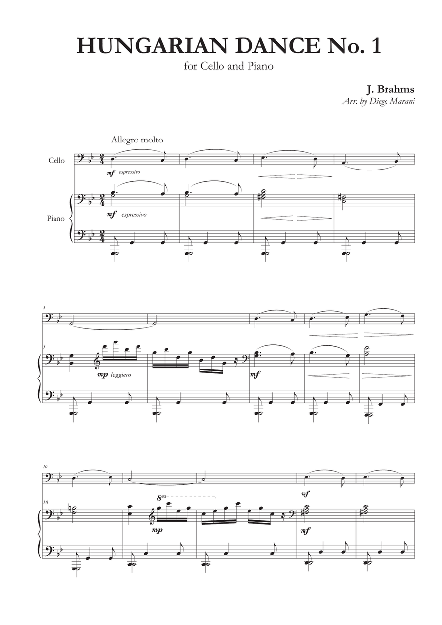 Hungarian Dance No. 1 for Cello and Piano Piano scores gallery preview page 1
