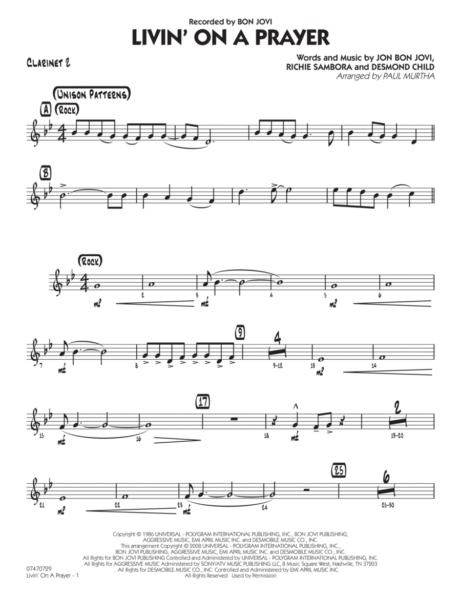 Livin' On A Prayer - Bb Clarinet 2 Jazz Ensemble scores gallery preview page 1
