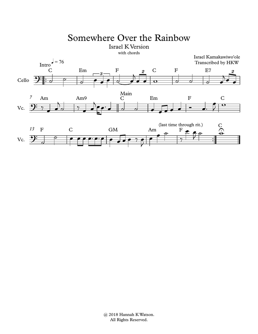Over The Rainbow Cello Solo scores gallery preview page 1