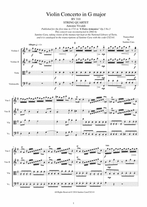 Book cover for Vivaldi - Violin Concerto in G major RV 310 Op.3 No.3 for String Quartet