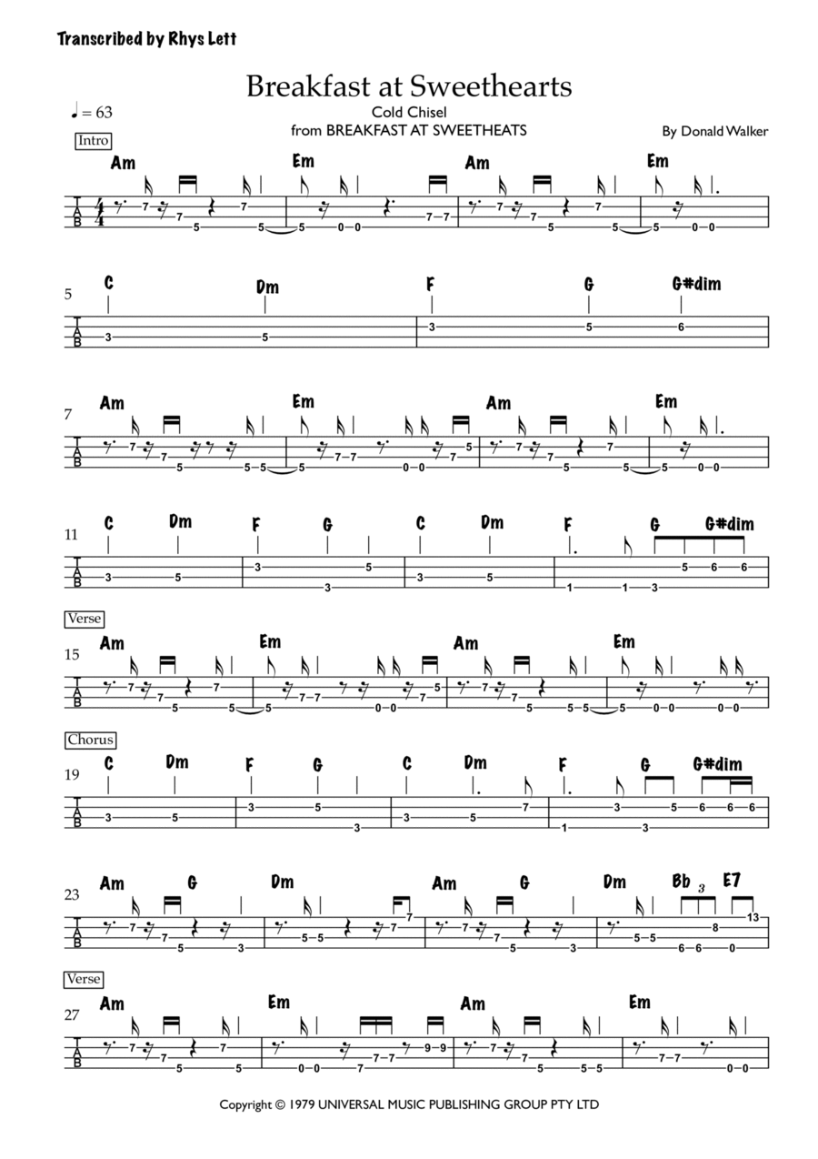 Breakfast At Sweethearts Guitar Tablature scores gallery preview page 1