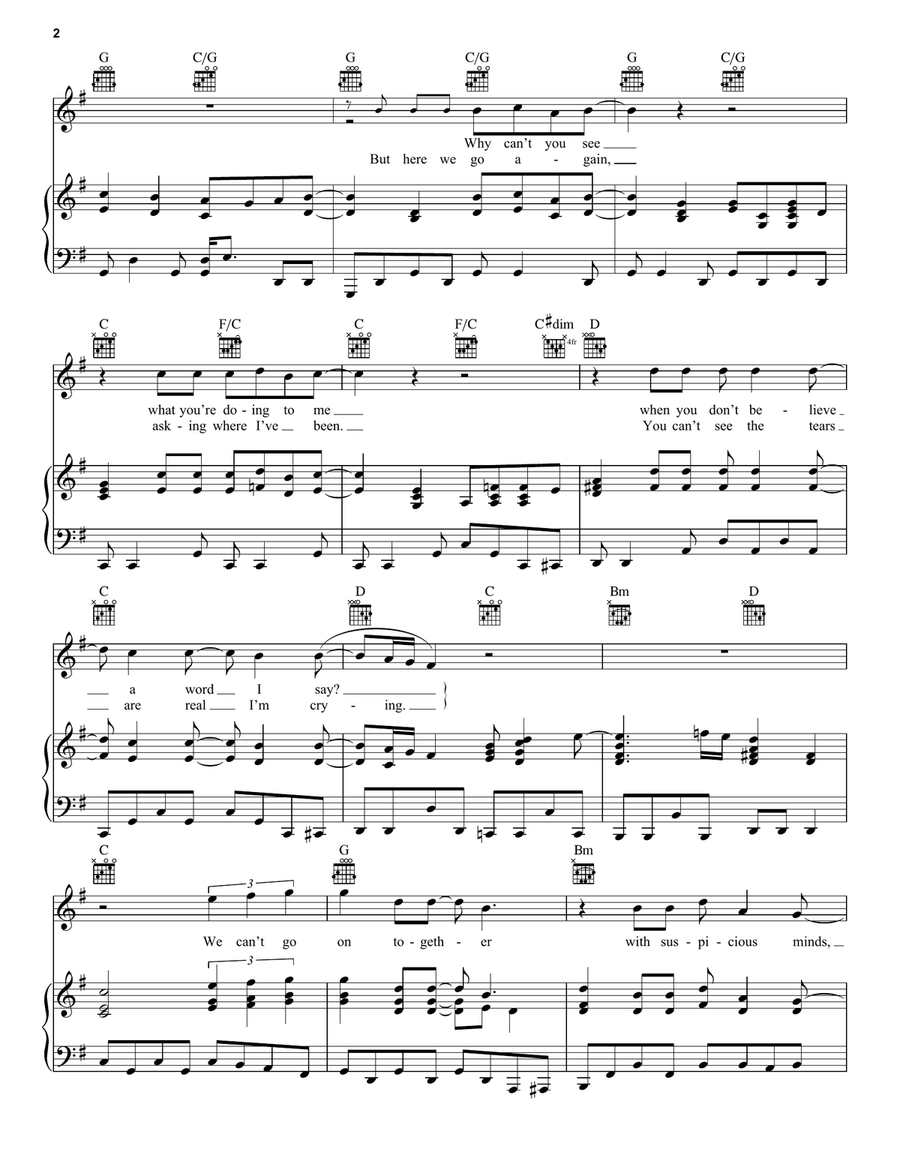 Suspicious Minds Piano, Vocal, Guitar scores gallery preview page 2