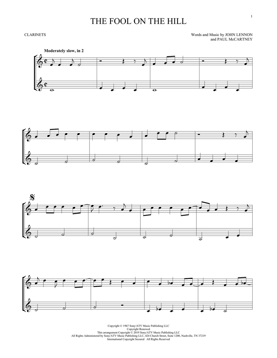 The Fool On The Hill The Fool On The Hill Clarinet Duet scores gallery preview page 1