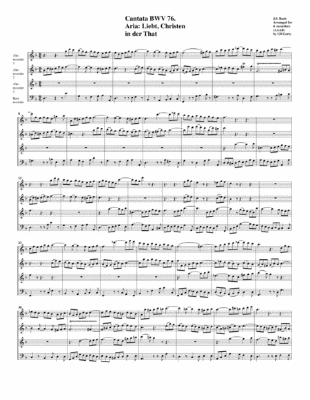 Aria: Liebt, Christen in der That from Cantata BWV 76 (arrangement for 4 recorders)