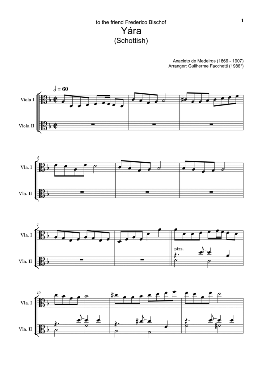 Anacleto de Medeiros - Yára. Arrangement for Viola Duet. Complete Score and Separated Parts image number null