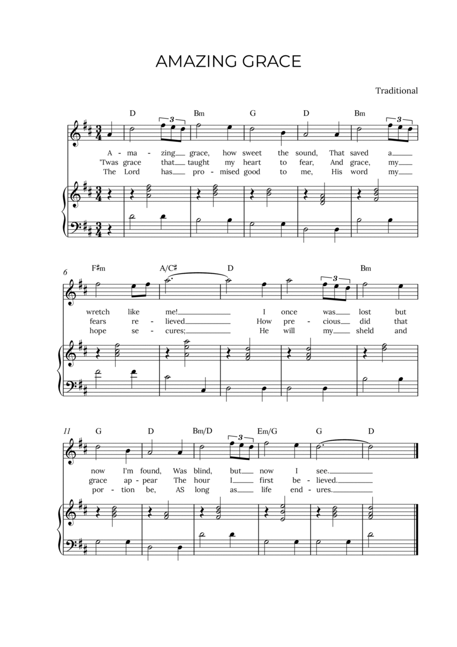 AMAZING GRACE - for piano and soprano in D major with chords Voice scores gallery preview page 1