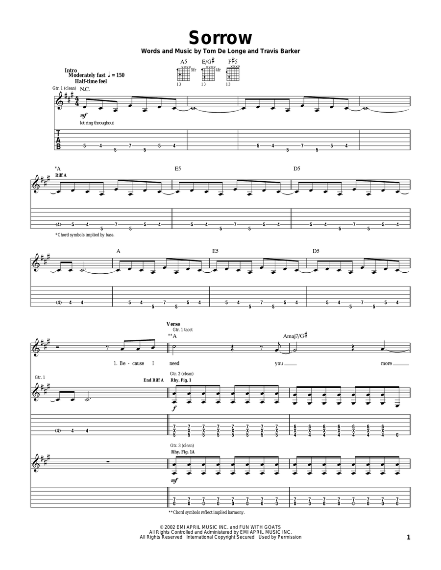 Sorrow Guitar Tablature scores gallery preview page 1