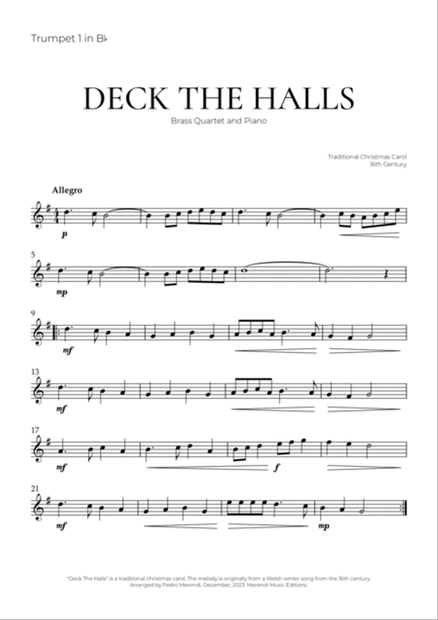 Deck The Halls (Brass Quartet and Piano) - Christmas Carol Brass Quartet scores gallery preview page 4
