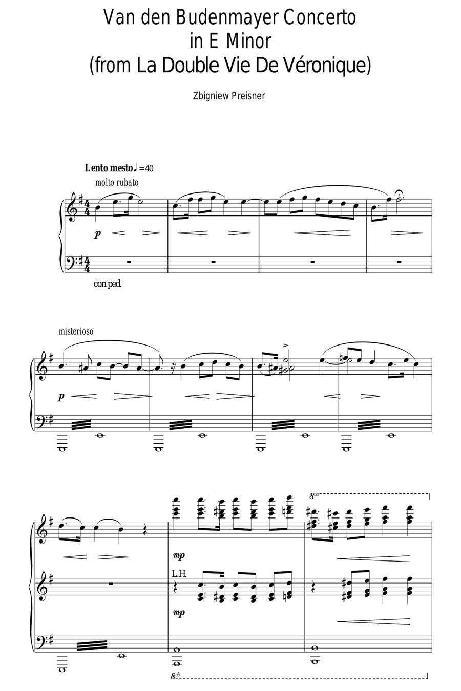 Van Den Budenmayer Concerto In E Minor (from La Double Vie De Veronique) Piano Solo scores gallery preview page 1