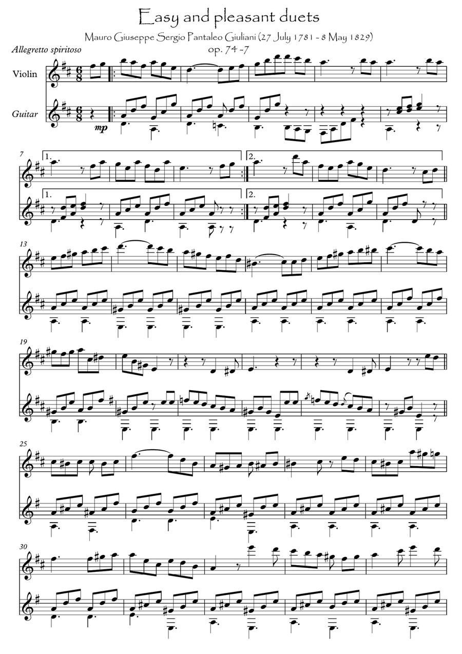 Easy Violin Guitar duets by Giuliani 74-7 String Duet scores gallery preview page 1