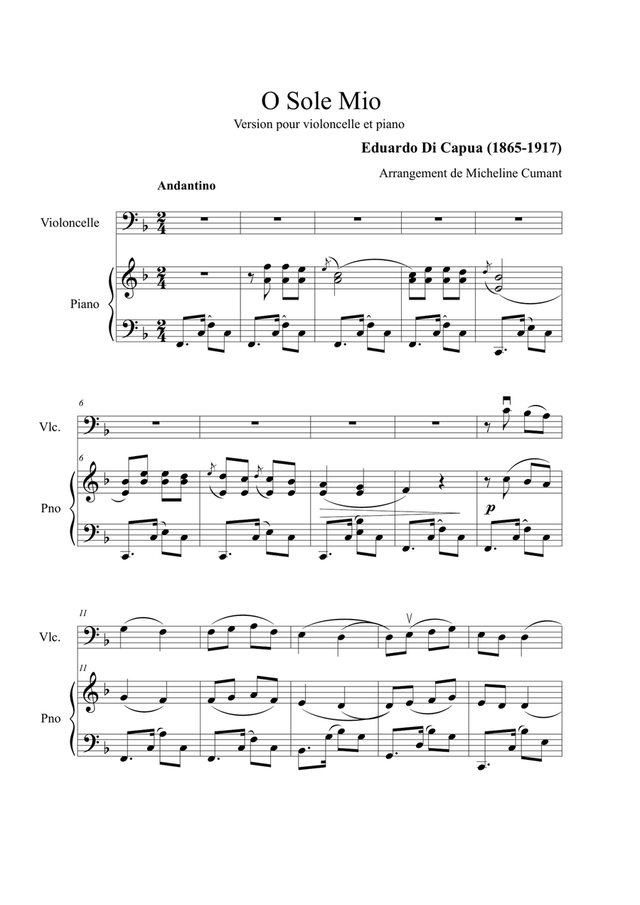 Di Capua-O Sole Mio for cello & piano Piano scores gallery preview page 1
