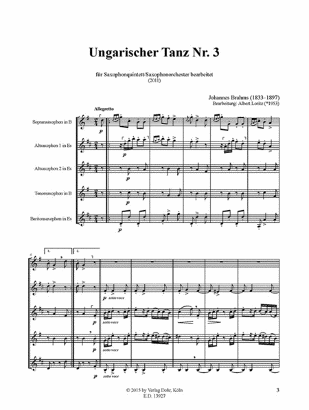 Ungarischer Tanz Nr. 3 (für Saxophonquintett/Saxophonorchester)