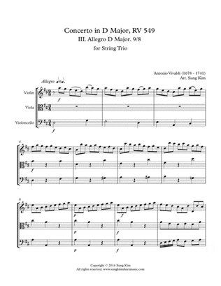 Book cover for Concerto in D Major, RV 549 III. Allegro for String Trio