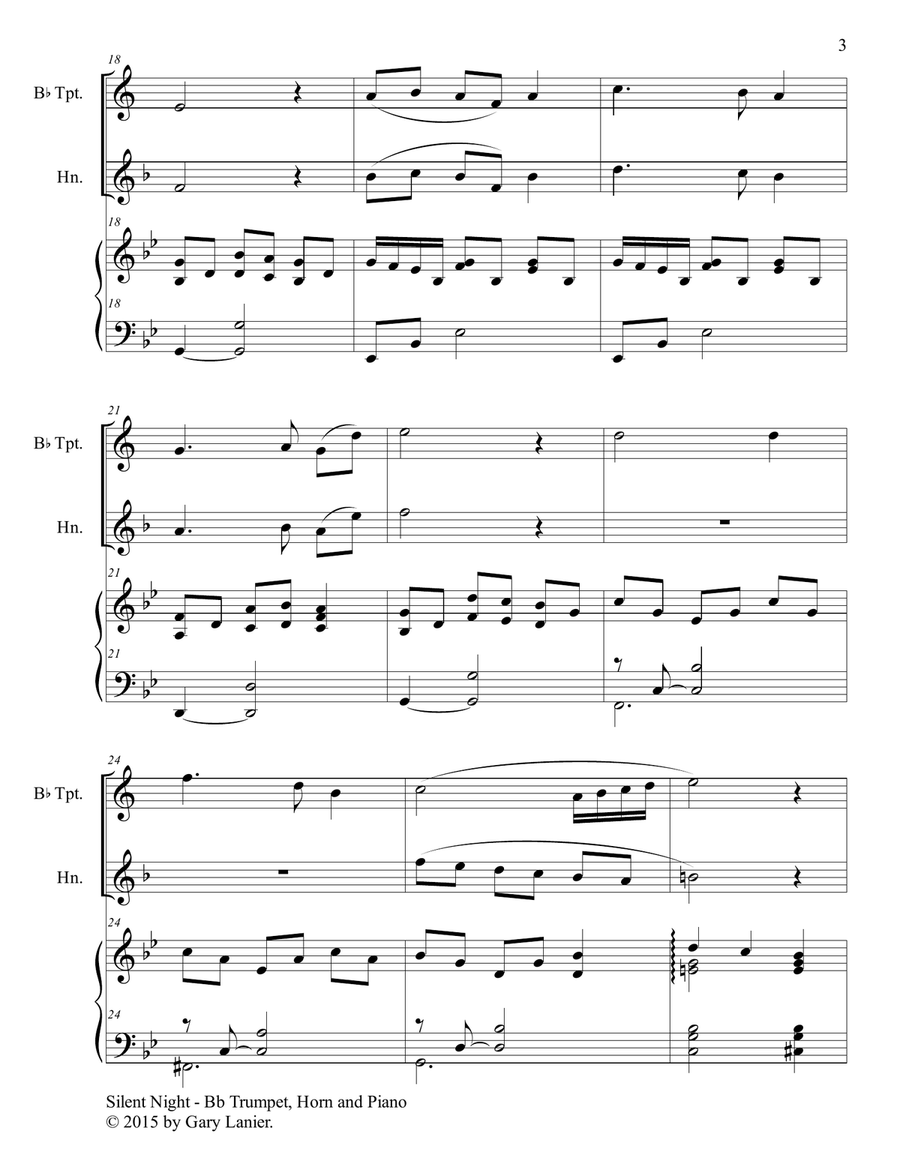 Gary Lanier: SILENT NIGHT (Trio – Bb Trumpet, Horn in F & Piano with Score & Parts) Brass Trio scores gallery preview page 4