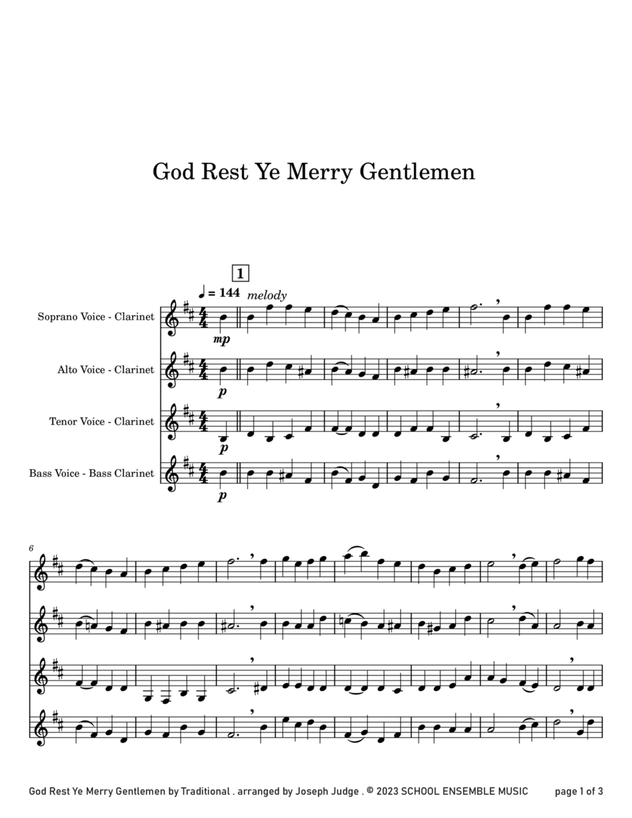 God Rest Ye Merry Gentlemen for Clarinet Quartet in Schools Clarinet Quartet scores gallery preview page 1