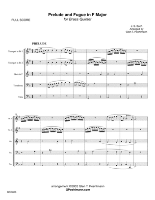 Book cover for PRELUDE and FUGUE in F MAJOR (J.S. Bach) arranged for BRASS QUINTET