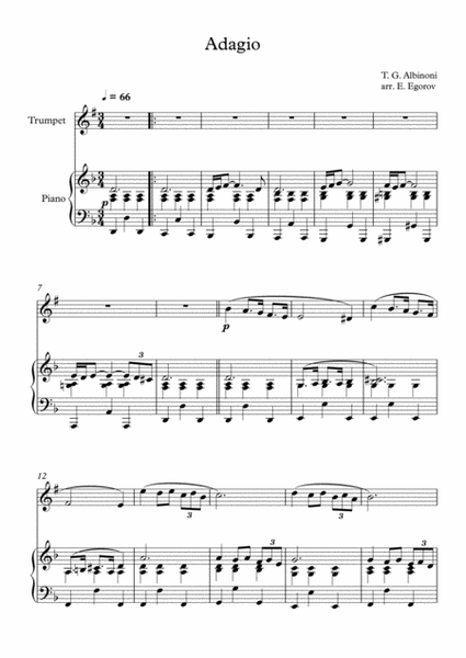 Adagio (In G Minor), Tomaso Giovanni Albinoni, For Trumpet & Piano image number null