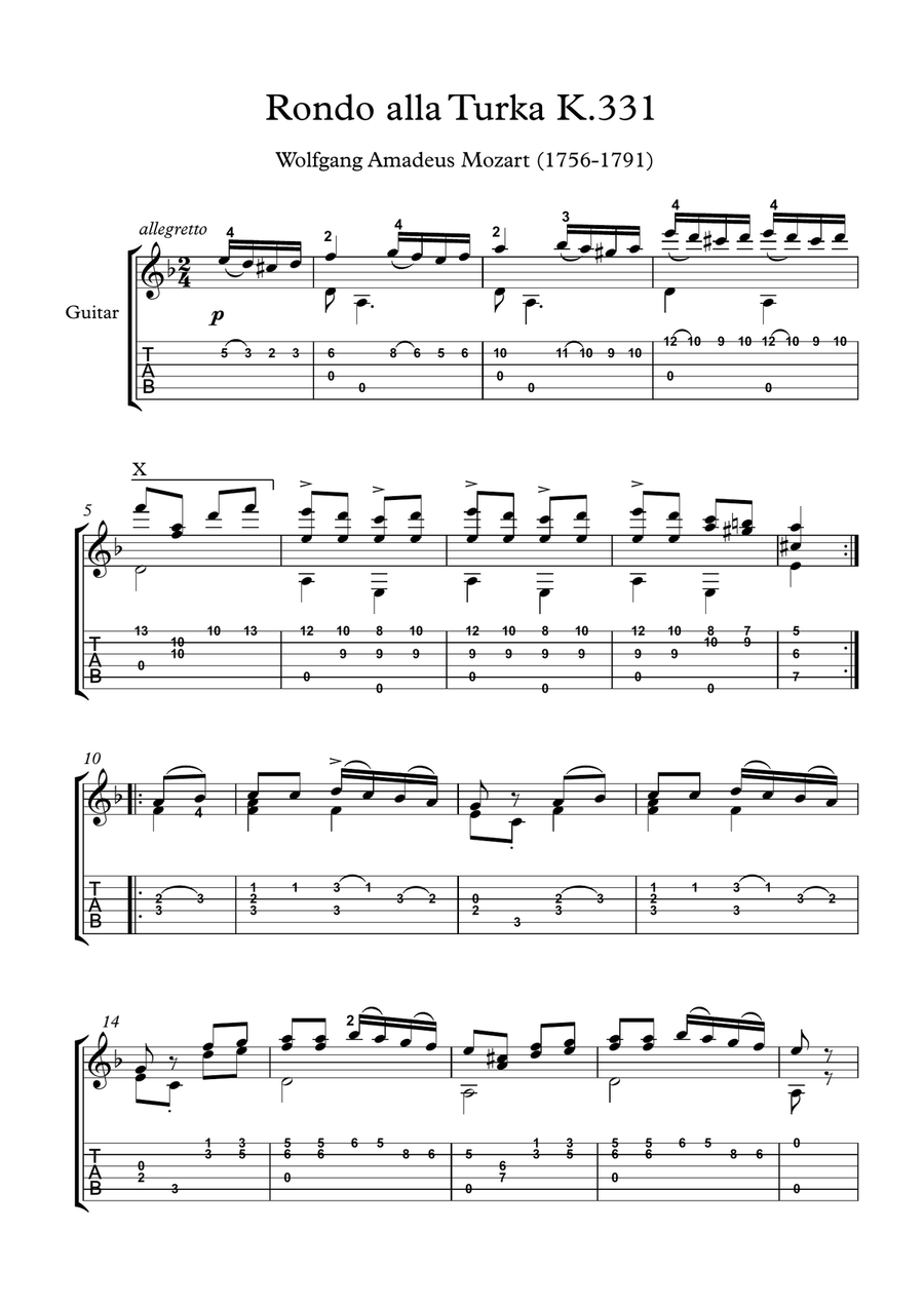 Rondo alla turca classical guitar solo by Wolfgang Amadeus Mozart