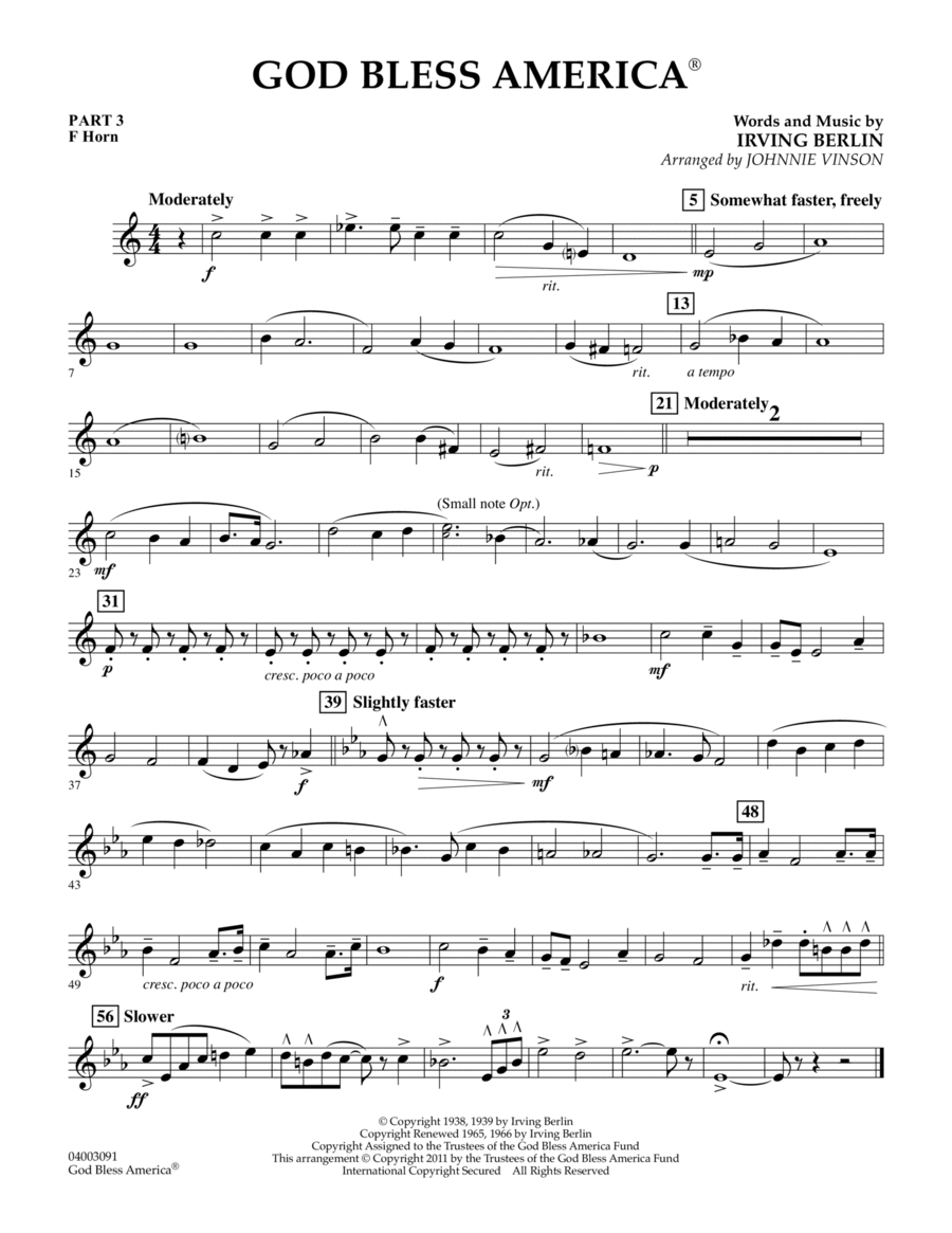 God Bless America - Pt.3 - F Horn Concert Band scores gallery preview page 1