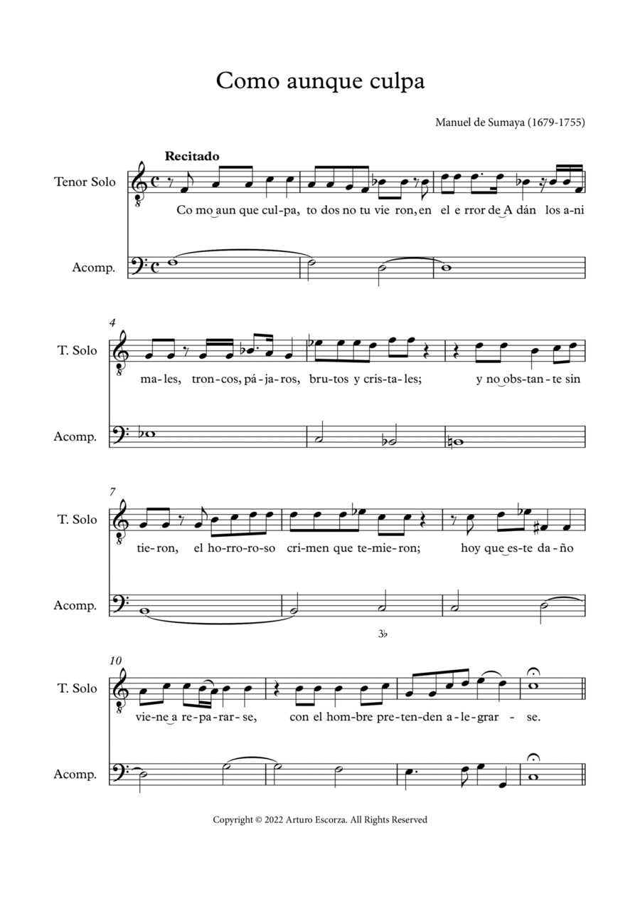 Book cover for Como aunque culpa - O feliz culpa nuestra - Recitativo and Aria - Score Only