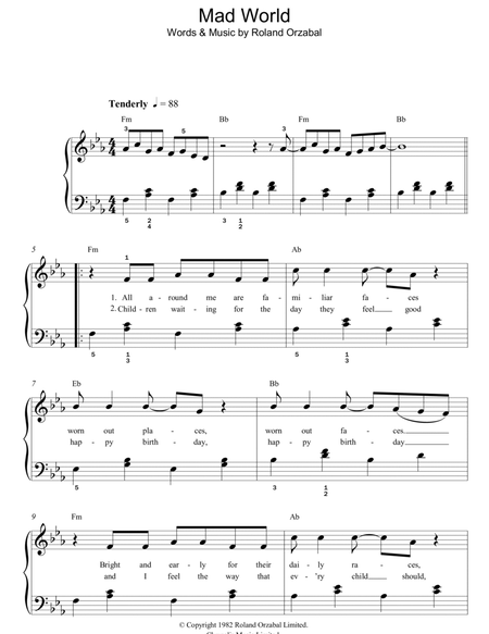 Gary Jules: Mad World sheet music for voice, piano or guitar v2