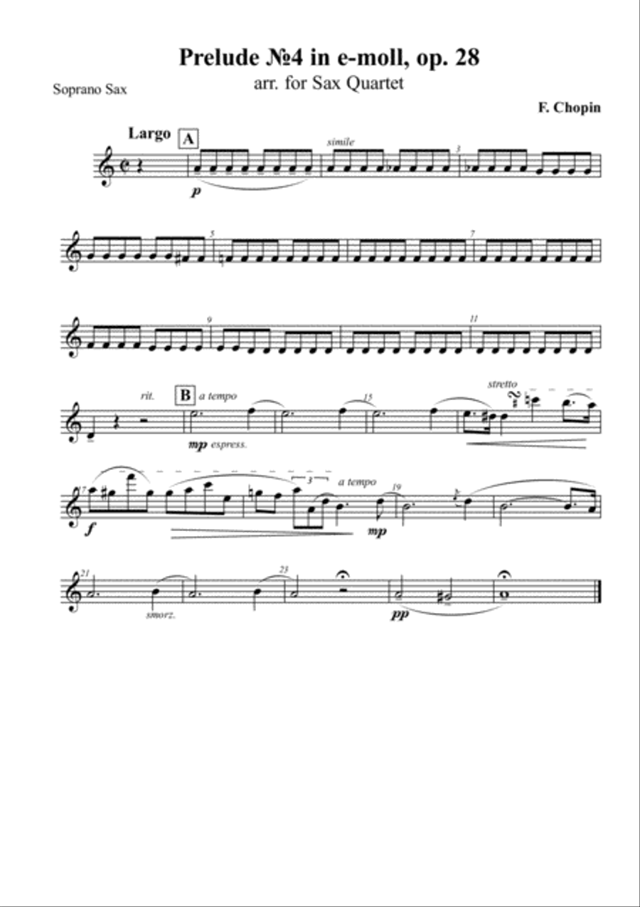 F. Chopin - Prelude №4 in e-moll, op. 28, arr. for Sax Quartet Saxophone Quartet scores gallery preview page 3