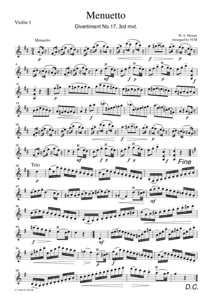 Mozart Menuetto (Divertiment No.17, 3rd mvt.), for string quartet, CM008 image number null