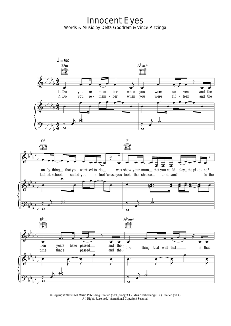Innocent Eyes Piano, Vocal, Guitar scores gallery preview page 1