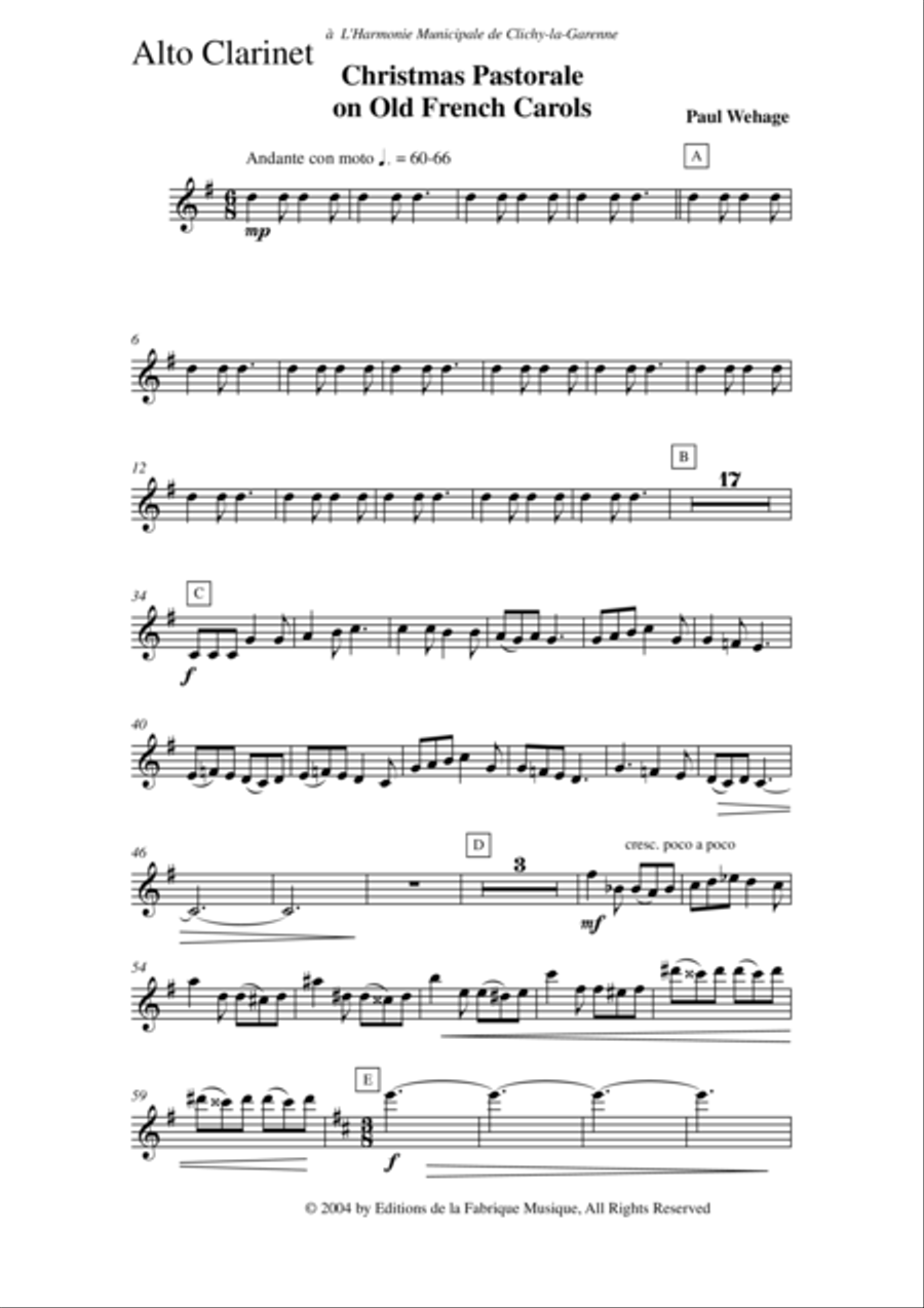Paul Wehage: Christmas Pastorale on Old French Carols for concert band, alto clarinet part Concert Band scores gallery preview page 2