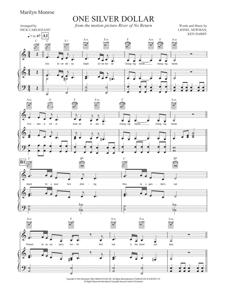 One Silver Dollar Piano, Vocal, Guitar scores gallery preview page 1