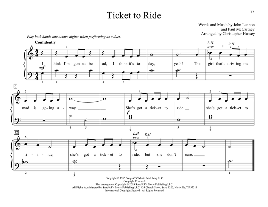 Ticket To Ride (arr. Christopher Hussey) Piano Duet scores gallery preview page 1