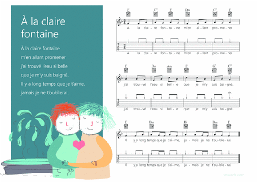 A la claire fontaine music sheet with melody guitar chords and guitar tabs Guitar Tablature scores gallery preview page 1