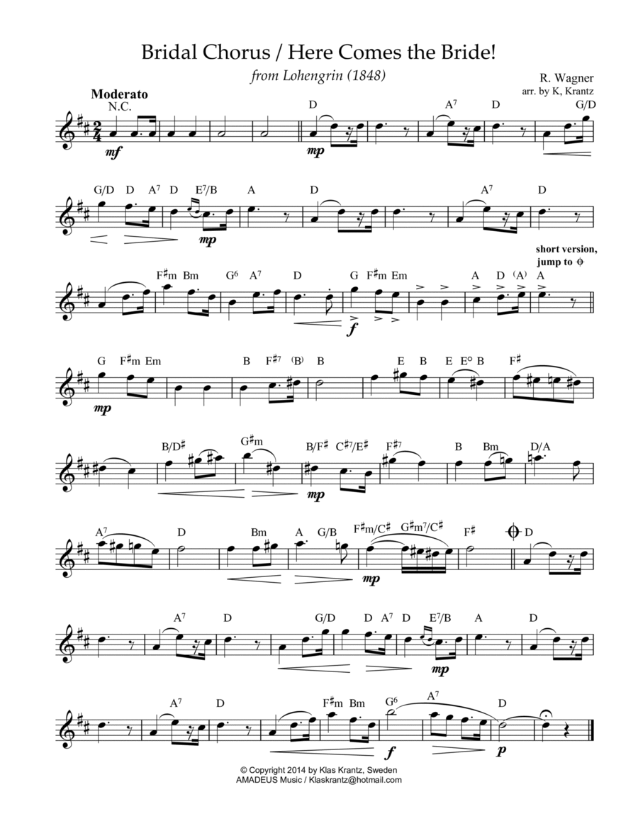 Bridal Chorus / Here Comes the Bride! lead sheet with guitar chords (D Major) Easy Guitar scores gallery preview page 1