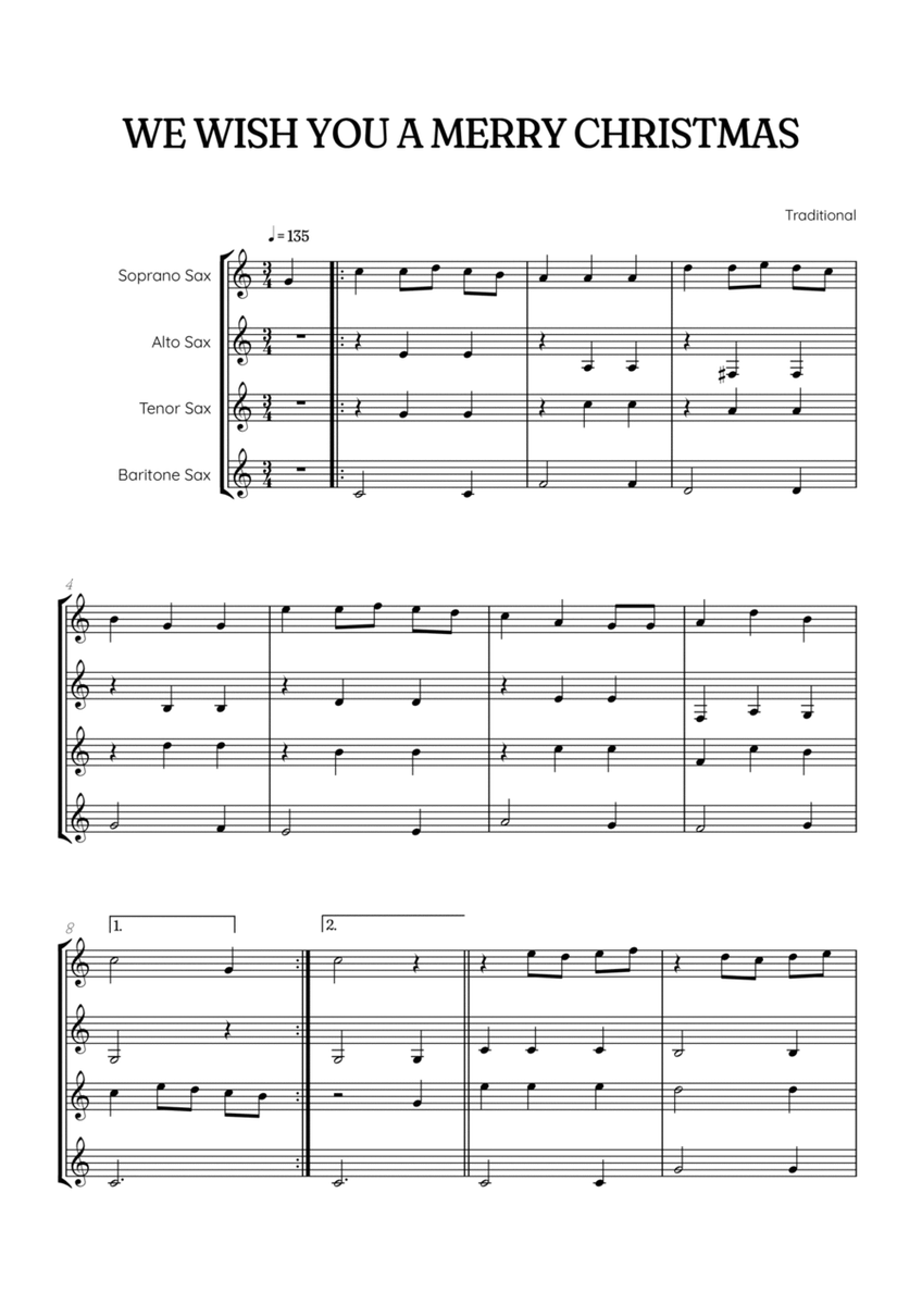 We Wish You a Merry Christmas for Sax Quartet • easy Christmas sheet music image number null