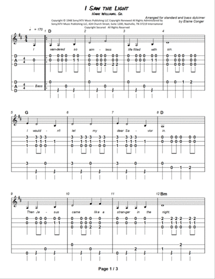 I Saw The Light Dulcimer scores gallery preview page 2