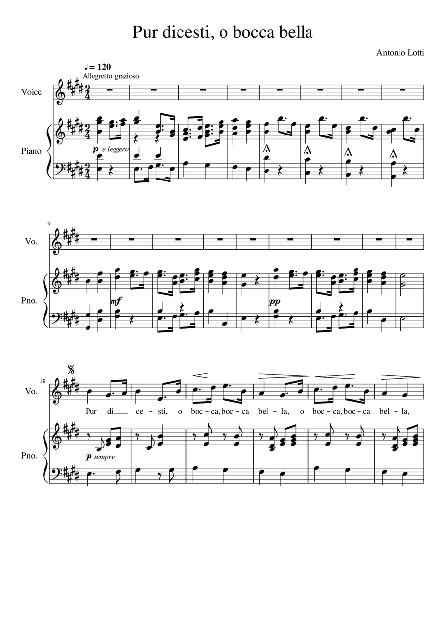 Pur dicesti, o bocca bella - E Major Voice Solo scores gallery preview page 2