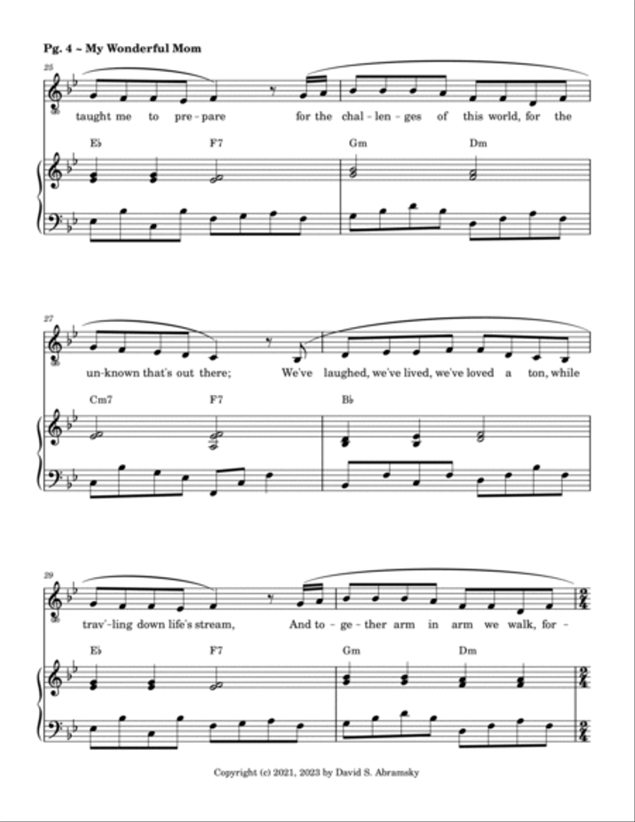 My Wonderful Mom (in Bb) ~ A sweet song (piano+chords+vocal) for Mother's Day or any celebration! Piano, Vocal, Guitar scores gallery preview page 6