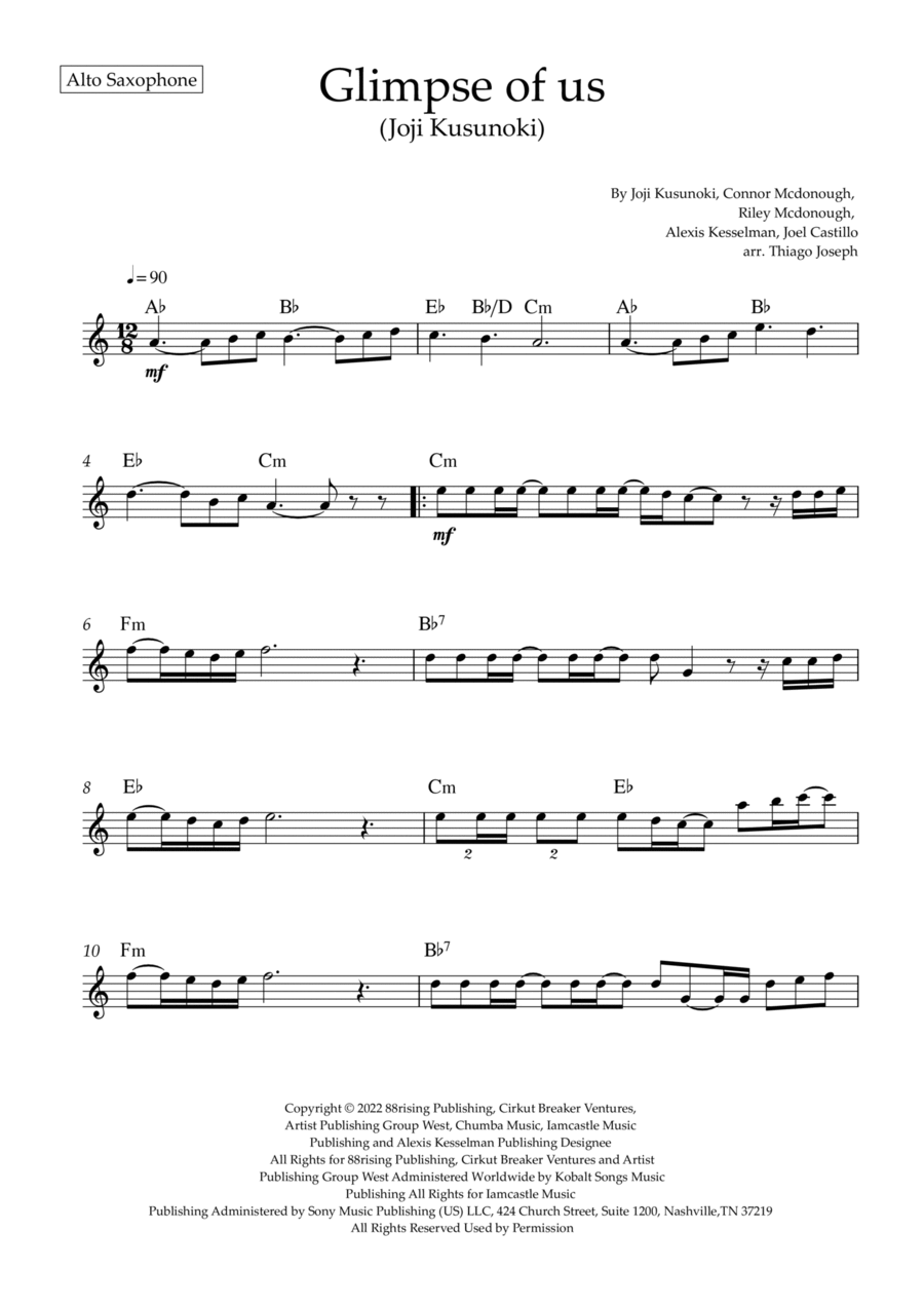 Glimpse Of Us Alto Saxophone Digital Sheet Music Sheet Music