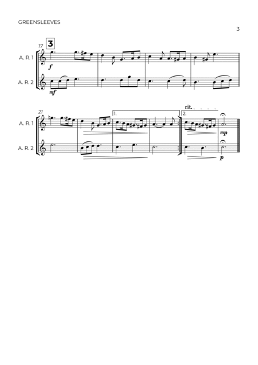 GREENSLEEVES - ANONYMUS – ALTO RECORDER DUO Woodwind Duet scores gallery preview page 3
