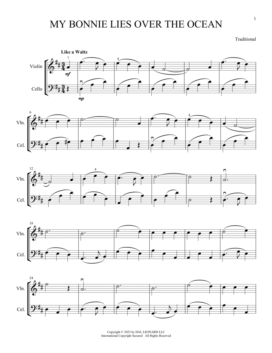 My Bonnie Lies Over The Ocean (arr. Michelle Hynson) String Duet scores gallery preview page 1