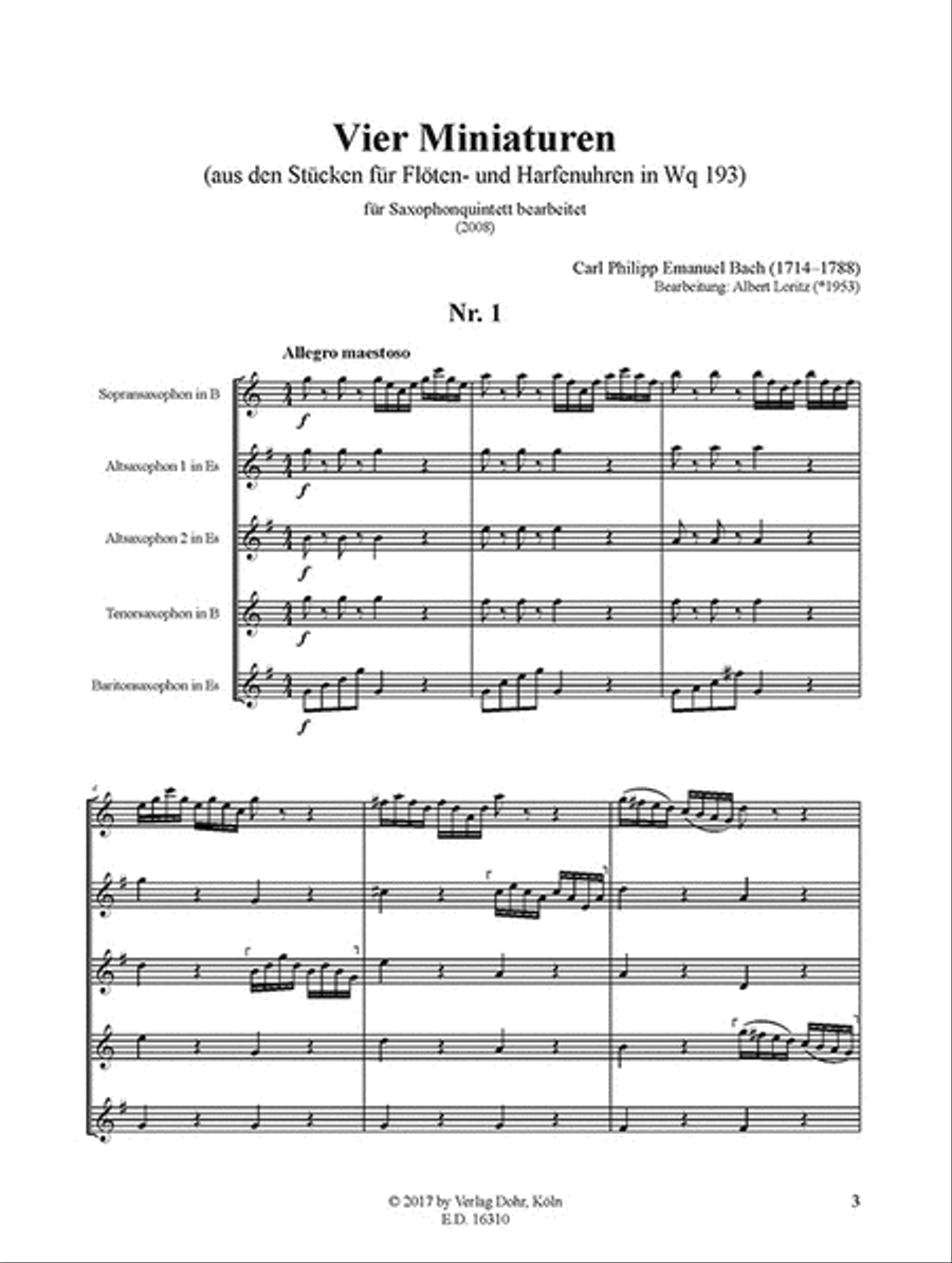 Vier Miniaturen (für Saxophonquintett/Saxophonorchester) (aus den Stücken für Harfen- und Flötenuhren Wq 193) Saxophone Quintet scores gallery preview page 2