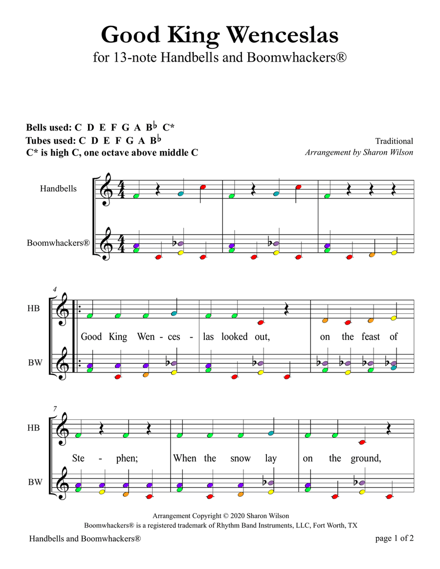 Good King Wenceslas for 13-note Bells and Boomwhackers (with Color Coded Notes) Handbell Choir scores gallery preview page 4