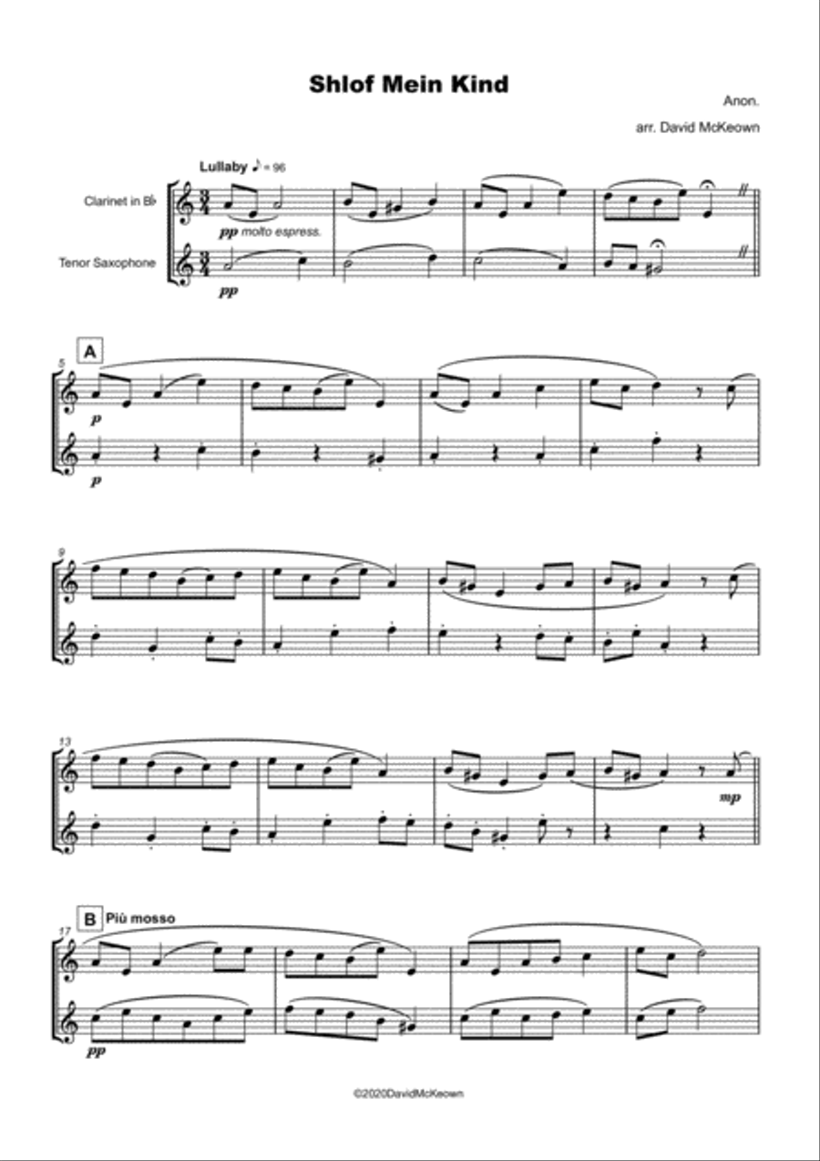 Shlof Mein Kind, Jewish Lullaby for Clarinet and Tenor Saxophone Duet Woodwind Duet scores gallery preview page 2