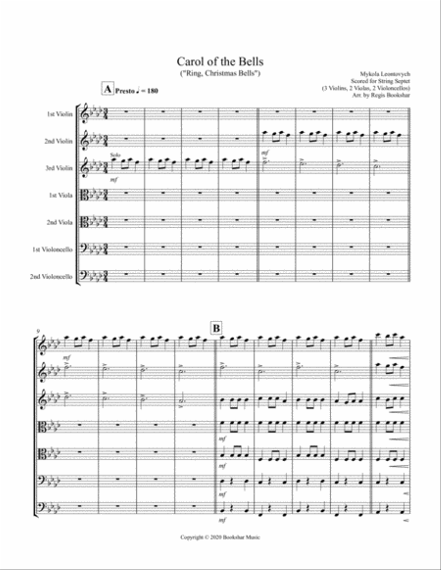 Carol of the Bells (F min) (String Septet - 3 Violin, 2 Viola, 2 Cello) Cello scores gallery preview page 1