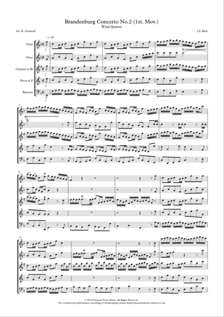 Brandenburg Concerto No. 2 (1st. Mov.): Wind Quintet Brandenburg Concerto No. 2 (1st. Mov.): Wind Quintet Woodwind Quintet scores gallery preview page 1