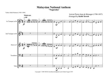 Malaysian National Anthem for Brass Quintet (MFAO World National Anthem Series) image number null