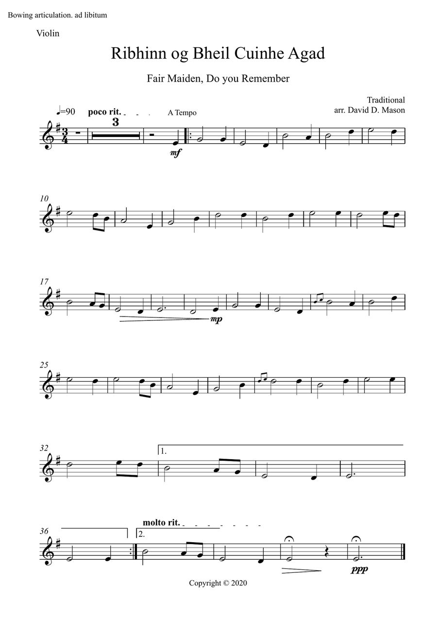 Ribhinn og Bheil Cuinhe Agad (Fair Maiden, do you remember) Violin Solo scores gallery preview page 1