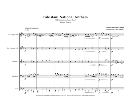 Pakistani National Anthem for Brass Quintet (MFAO World National Anthems Series) image number null