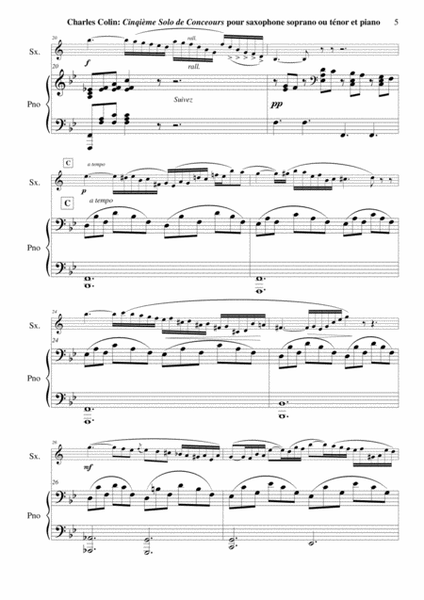 Charles Colin: Cinquième Solo de Concours, Opus 45 arranged for Bb soprano or tenor saxophone and pi